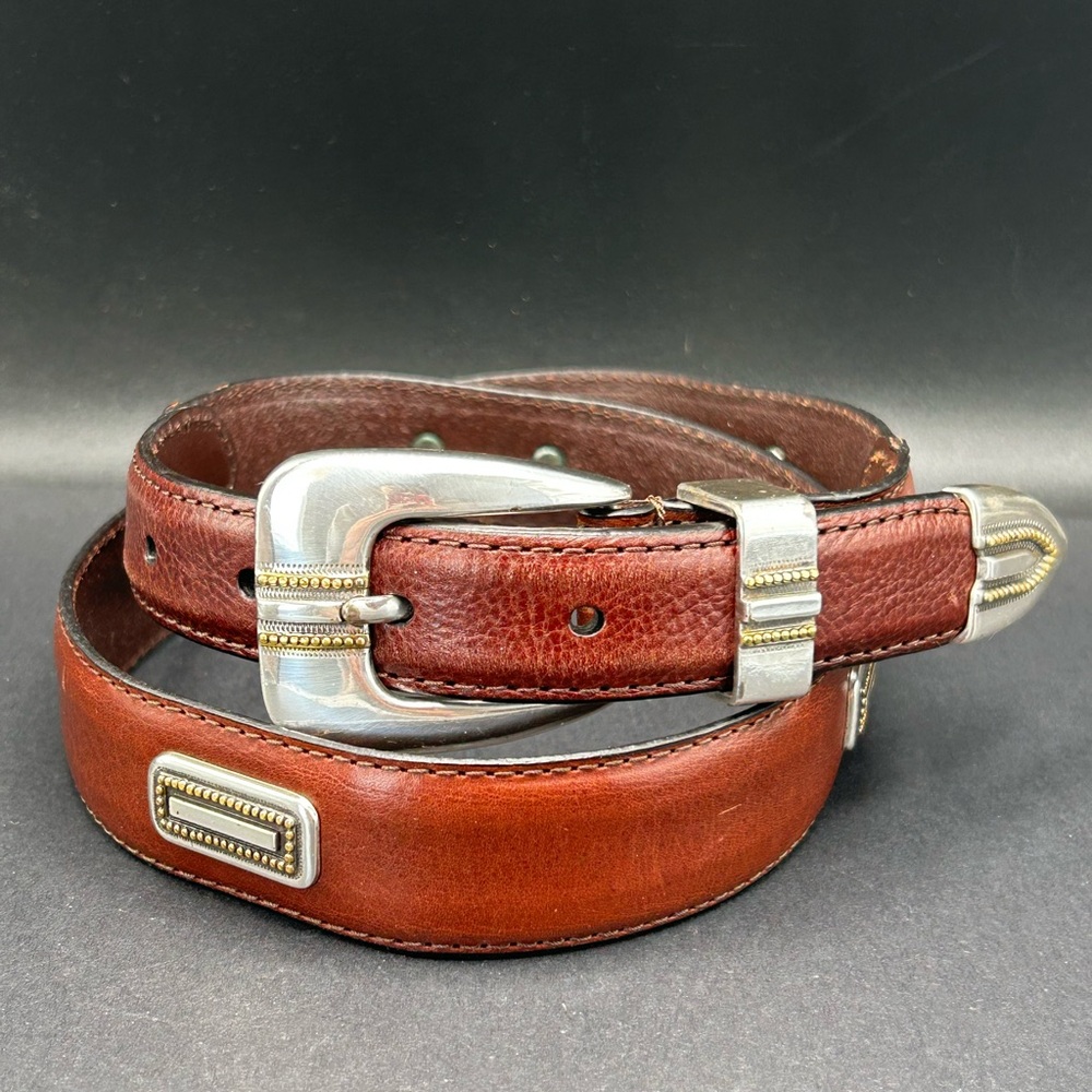 VTG Y2K Fossil Western Brown Leather Belt with Silver Accents 40” Medium